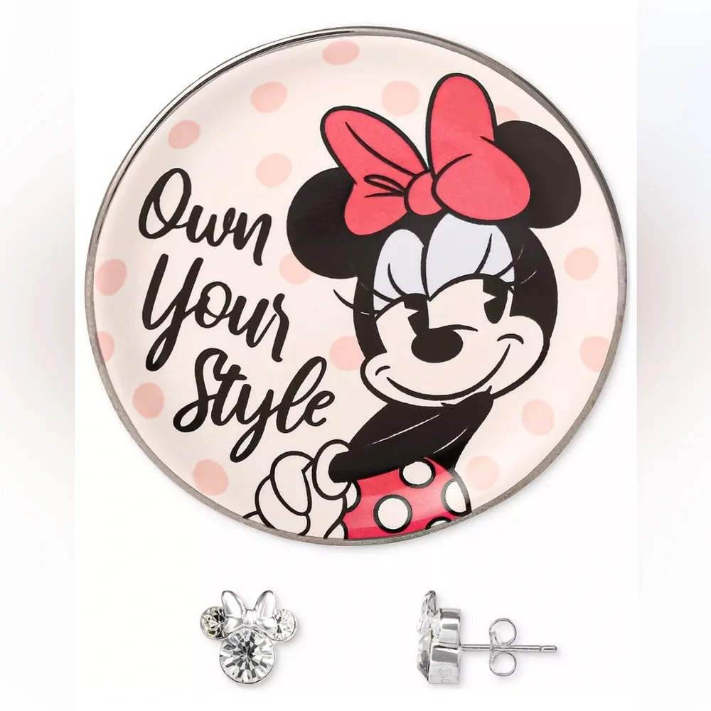 Minnie Mouse Clear Crystal Stud Earrings in Sterling Silver & Trinket Dish